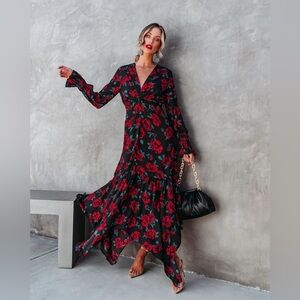 Dee Elly twist front floral red rose print dress size S asymmetrical hem